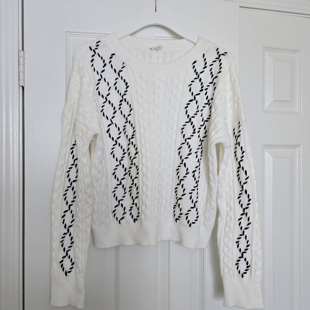 Hem & Thread White Cable Knit Sweater with Black Design